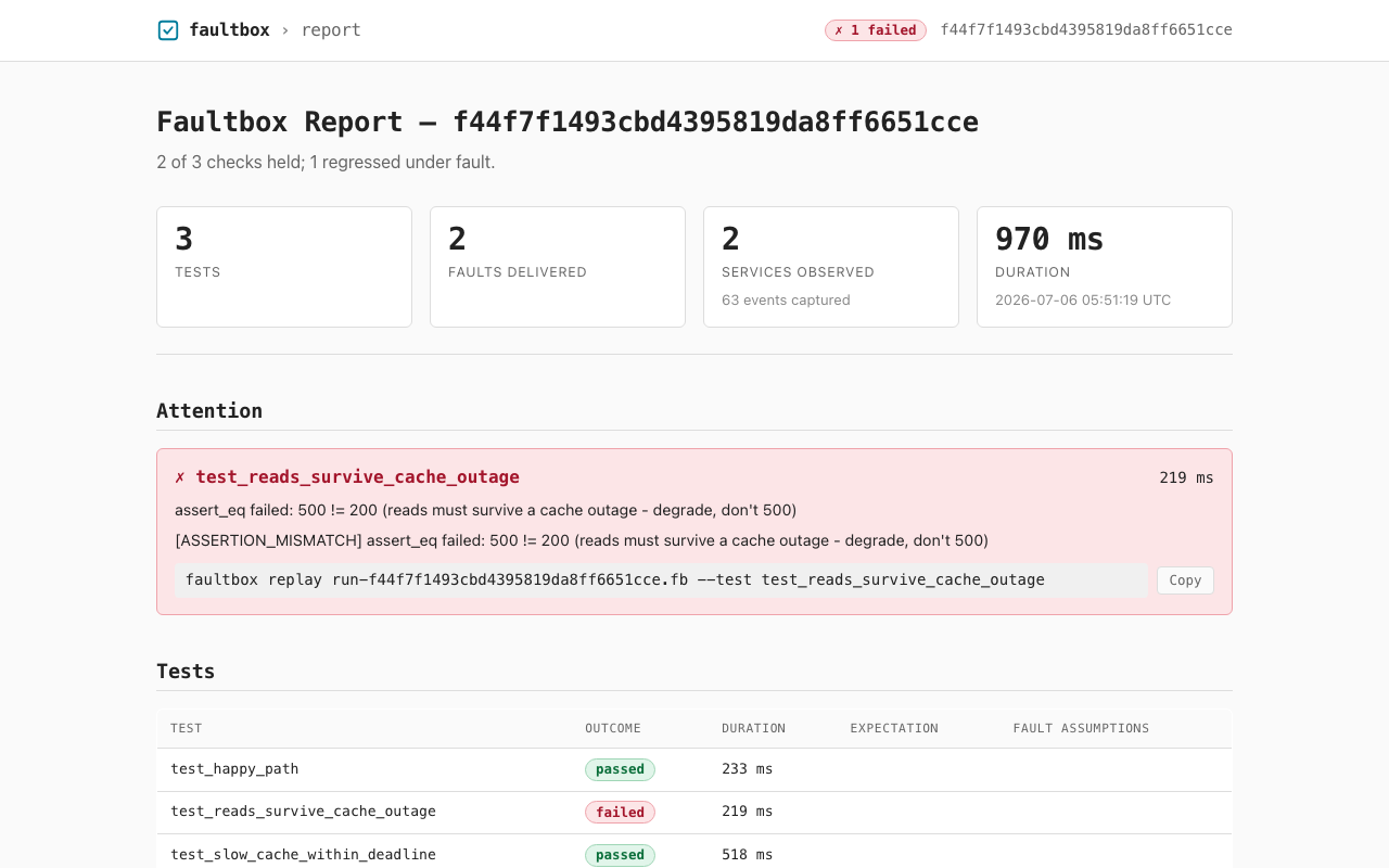 Faultbox HTML report - verdicts, fault diagnostics, and per-test outcomes